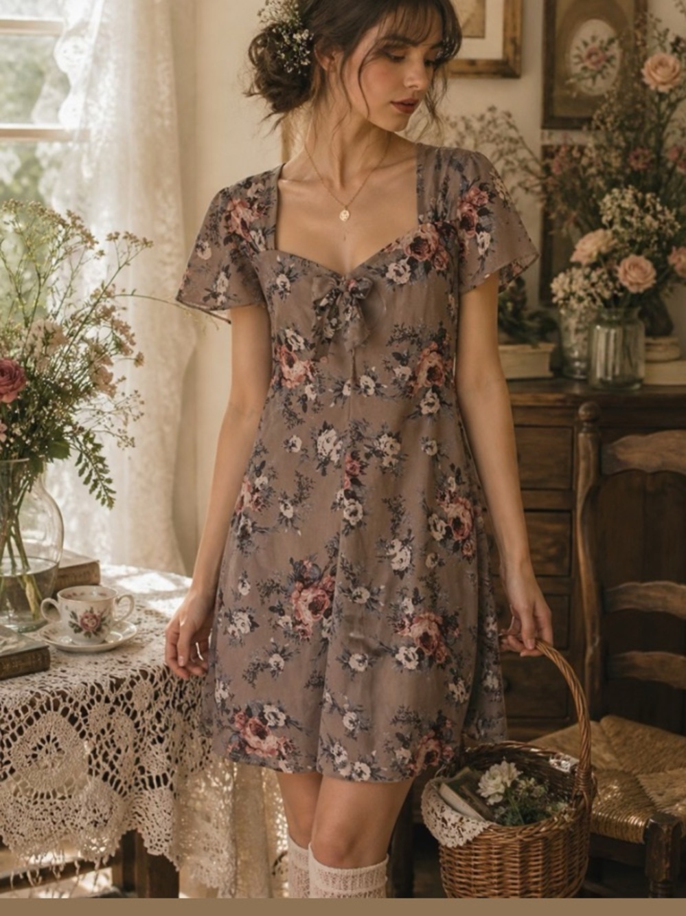 Hell Bunny Vixen Holly Floral Dress M Cottagecore Sheer Sleeve Country